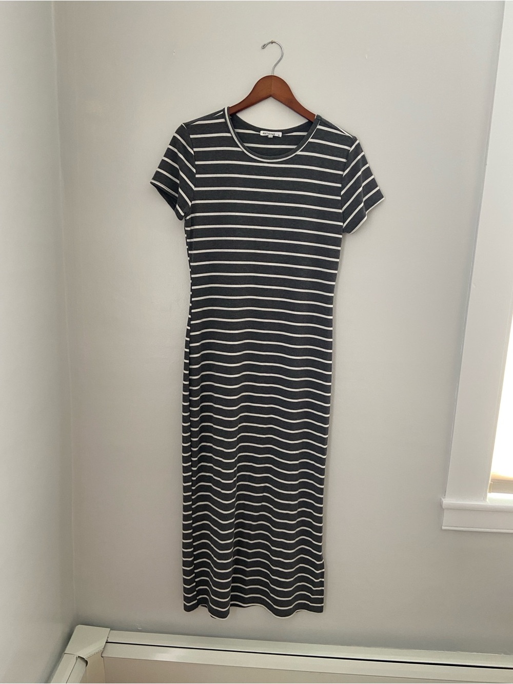 NWOT Antistar Gray & White Striped Maxi T Shirt Dress Side Slit Versatile XL